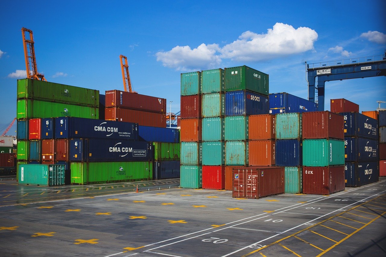 Cargo containers stacked at a port terminal