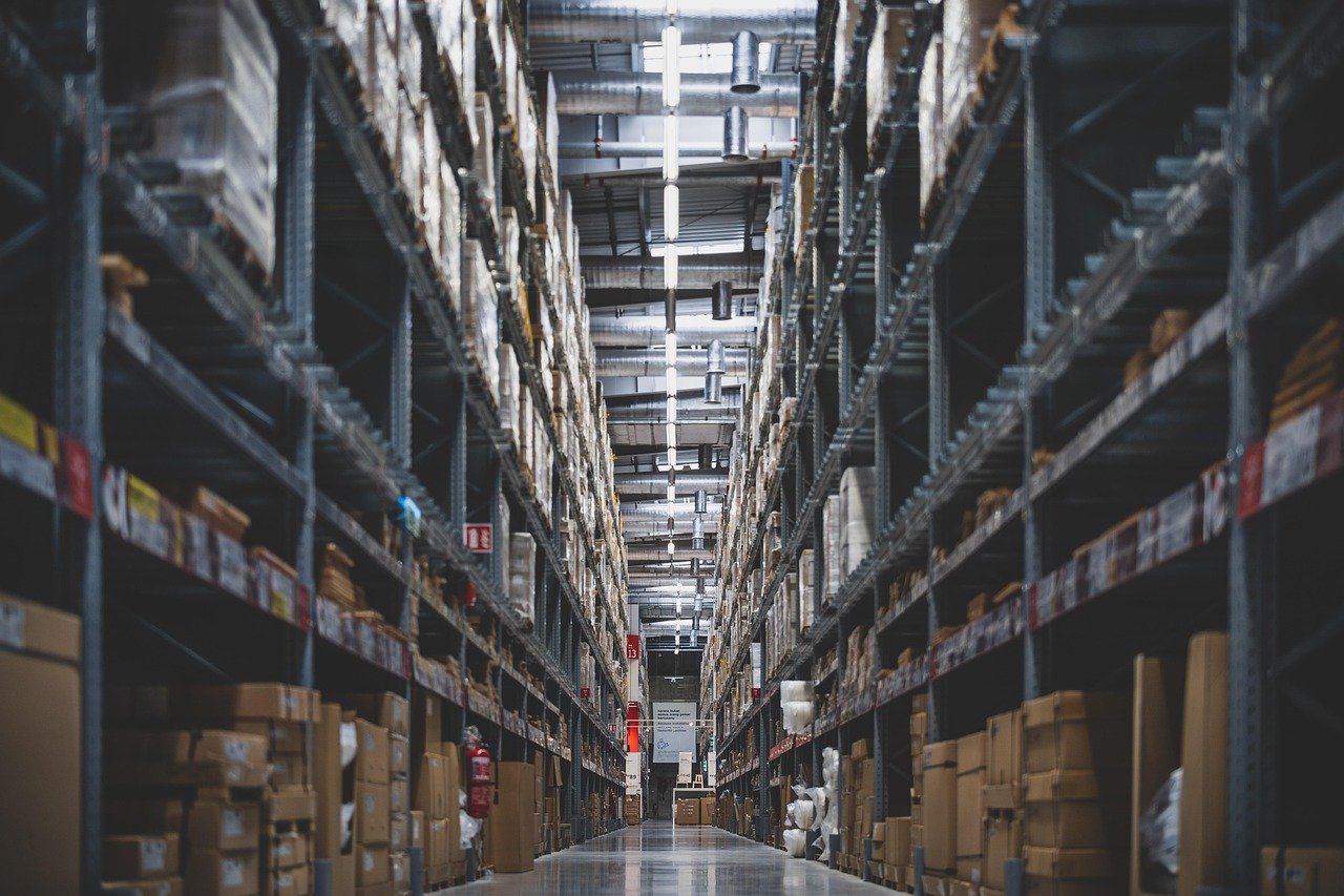 Warehouse shelves stocked with goods
